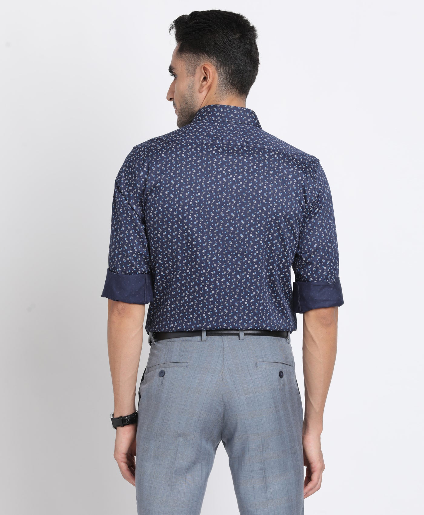 100% Cotton Navy Blue Printed Regular Fit Full Sleeve Formal Shirt