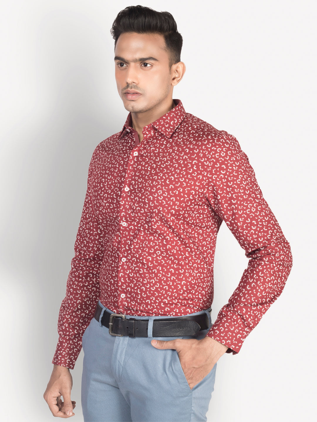 100% Cotton Maroon Printed Slim Fit Full Sleeve Formal Shirt