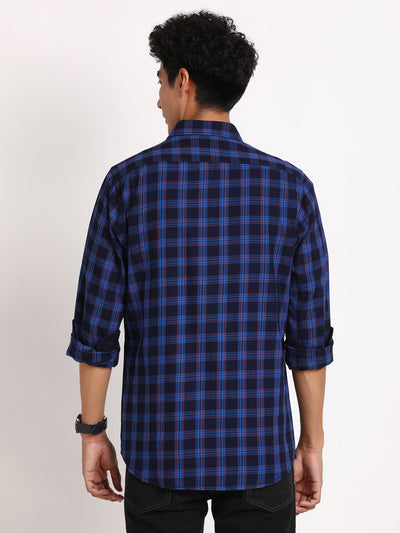 100% Cotton Indigo Royal Blue Checkered Slim Fit Full Sleeve Casual Shirt