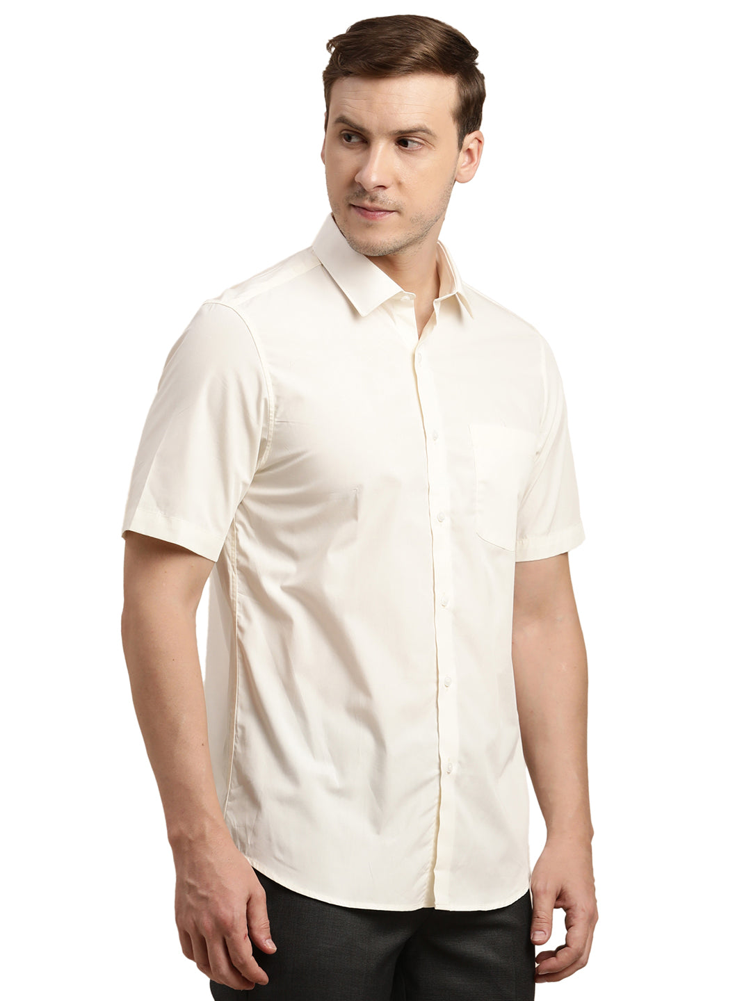 100% Cotton Cream Plain Slim Fit Half Sleeve Formal Shirt