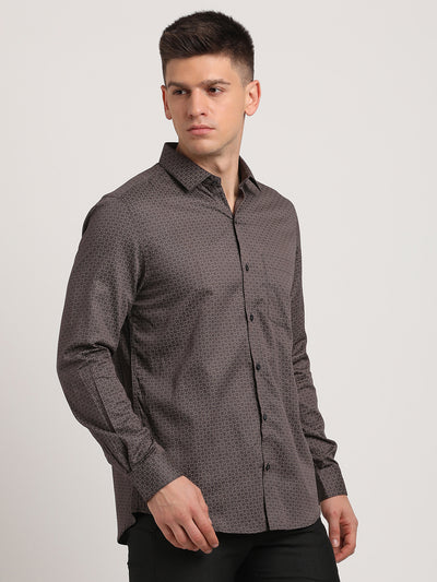 100% Cotton Brown Printed Slim Fit Full Sleeve Formal Shirt