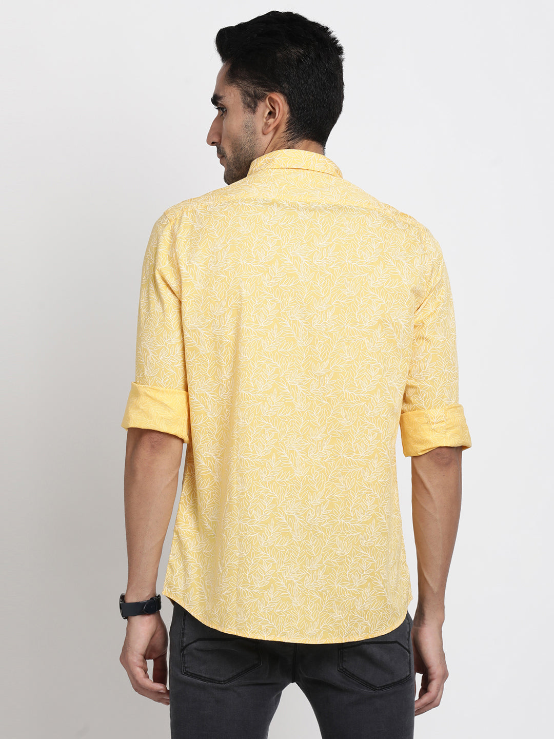 100% Cotton Yellow Printed Slim Fit Full Sleeve Casual Shirt