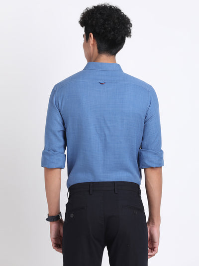 Cotton Lyocell Blue Plain Slim Fit Full Sleeve Casual Shirt