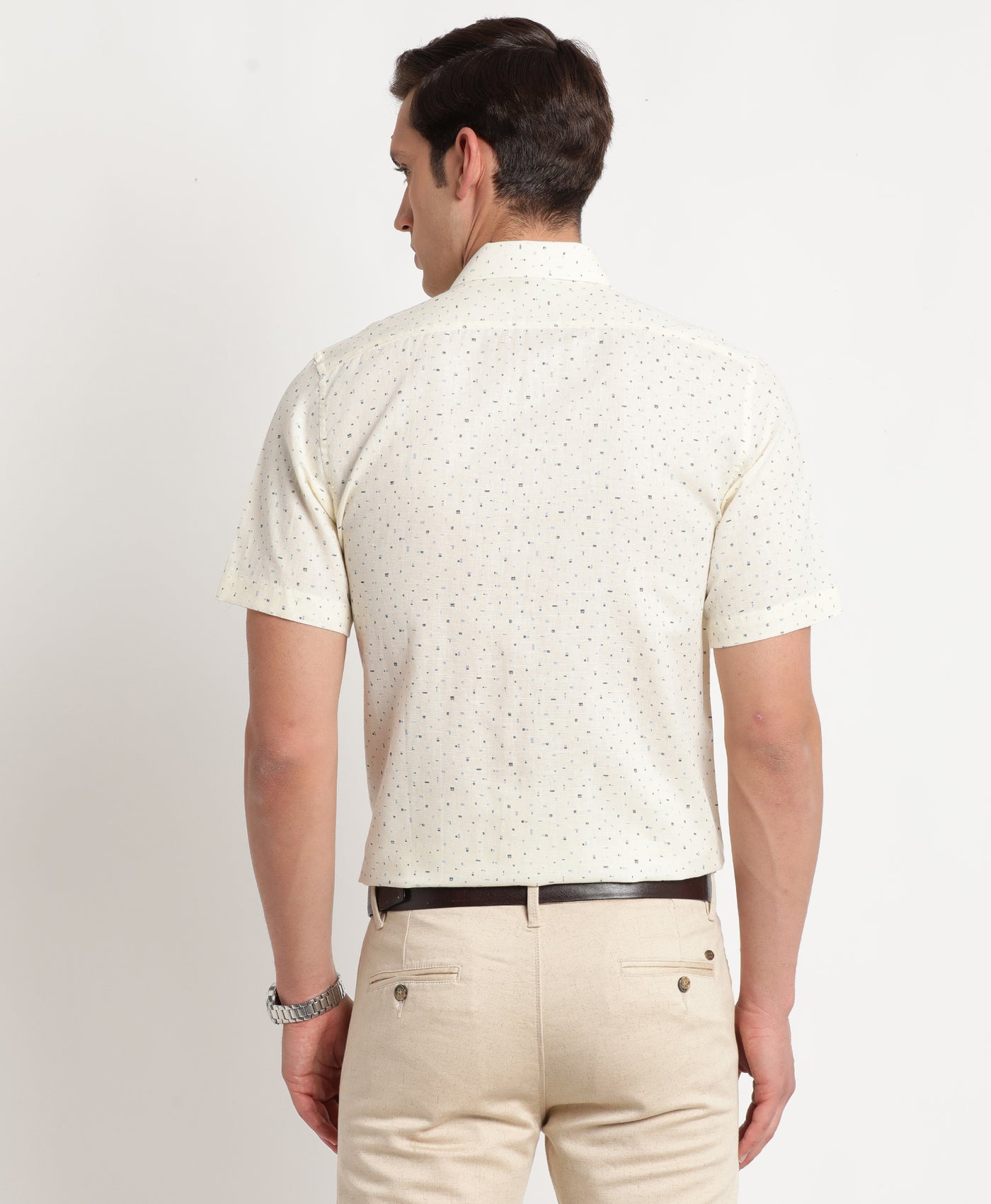Cotton Linen Cream Printed Regular Fit Half Sleeve Formal Shirt