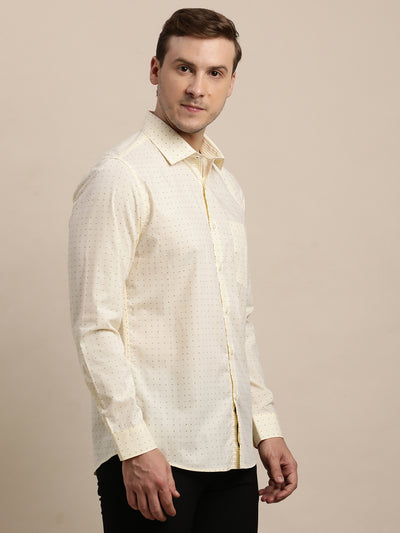 100% Cotton Cream Printed Slim Fit Full Sleeve Formal Shirt