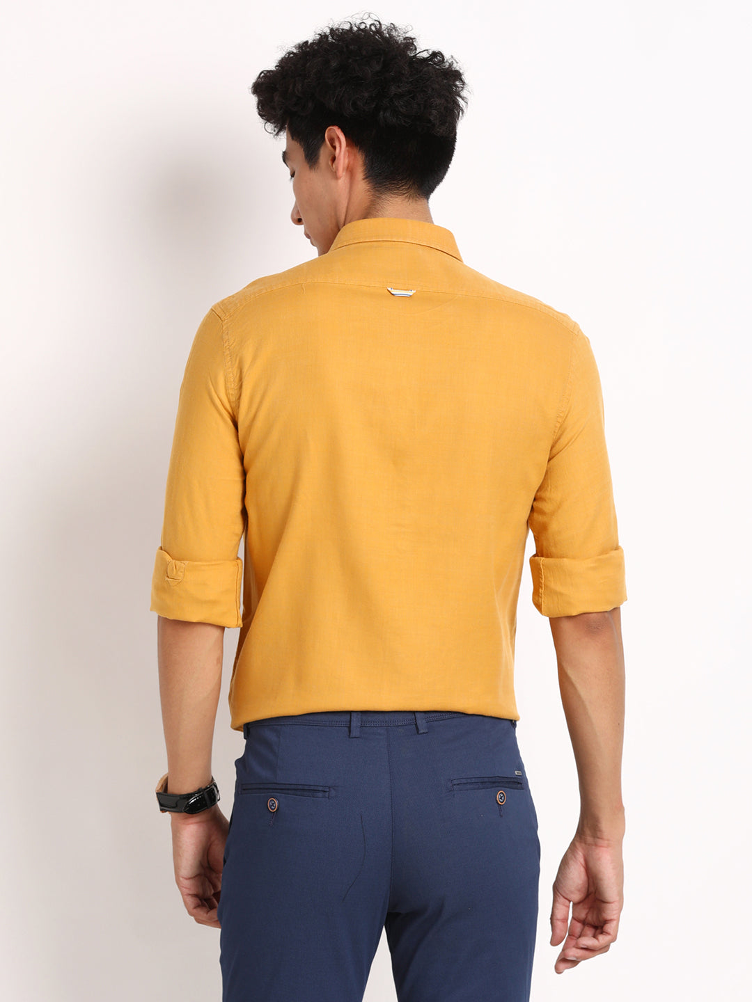 Cotton Lyocell Yellow Plain Slim Fit Full Sleeve Casual Shirt