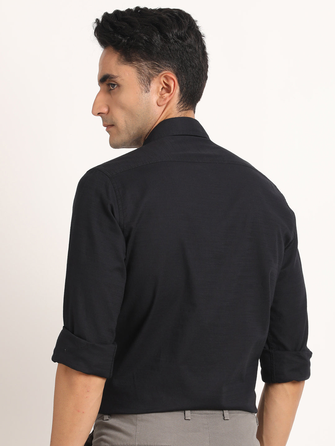 100% Cotton Black Plain Slim Fit Full Sleeve Casual Shirt