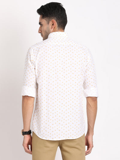 Cotton Linen White Printed Slim Fit Full Sleeve Casual Shirt