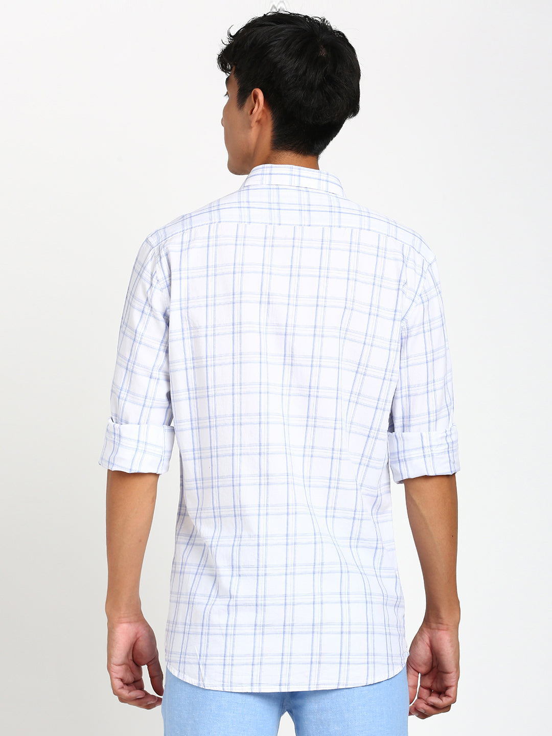 100% Cotton White Checkered Slim Fit Full Sleeve Casual Shirt