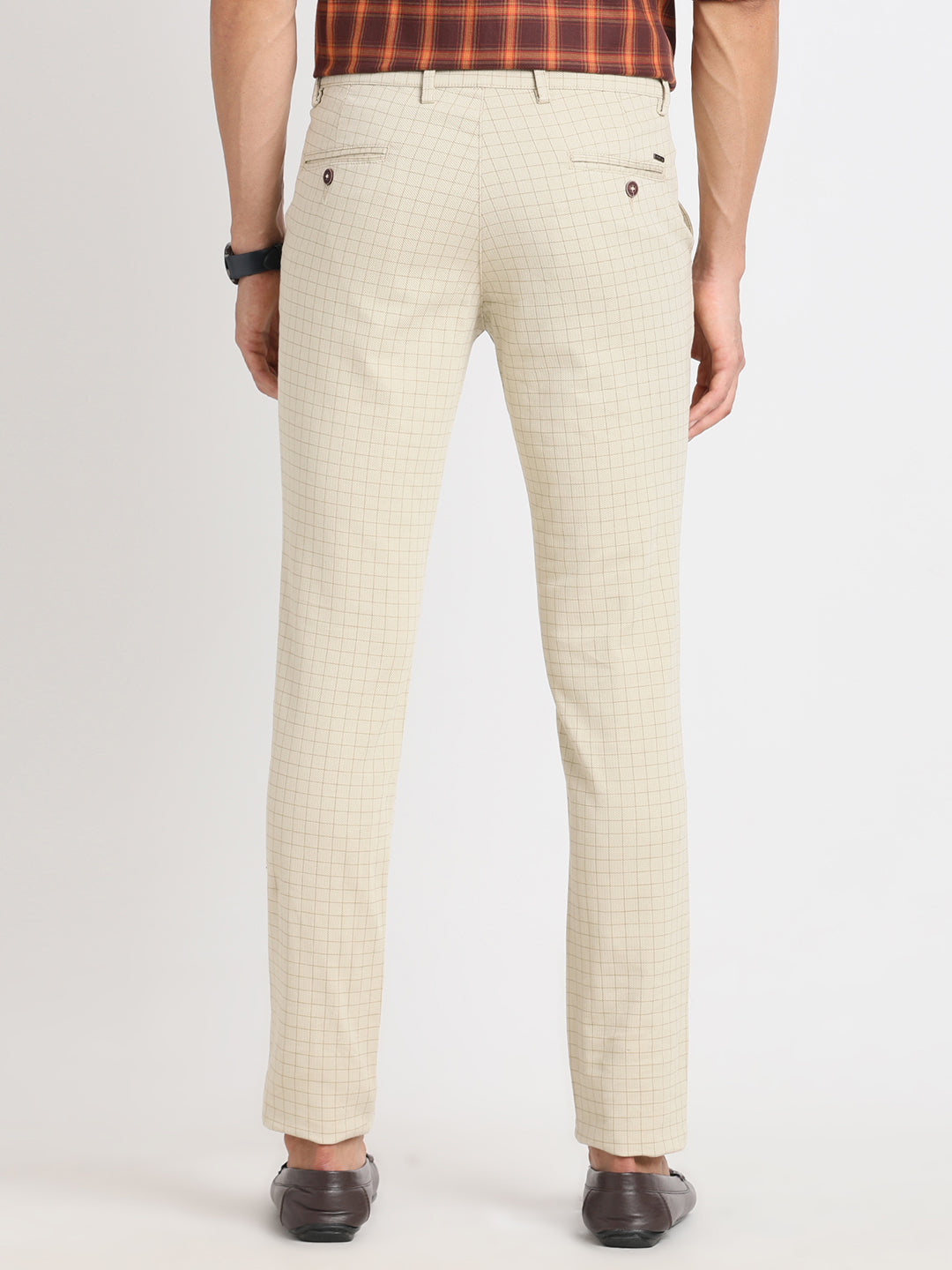 Cotton Stretch Beige Checkered Narrow Fit Flat Front Casual Trouser