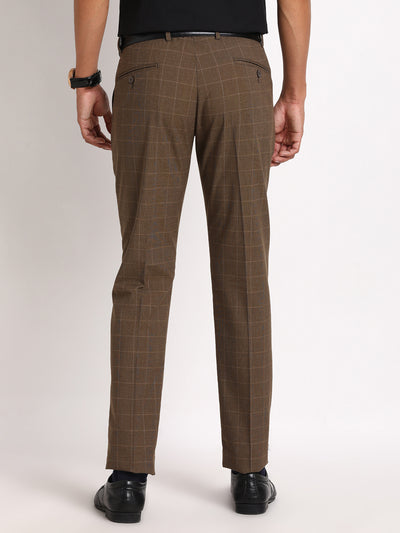 Poly Viscose Brown Checkered Ultra Slim Fit Flat Front Formal Trouser