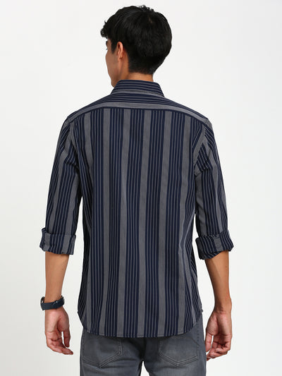 100% Cotton Navy Blue Striped Slim Fit Full Sleeve Casual Shirt