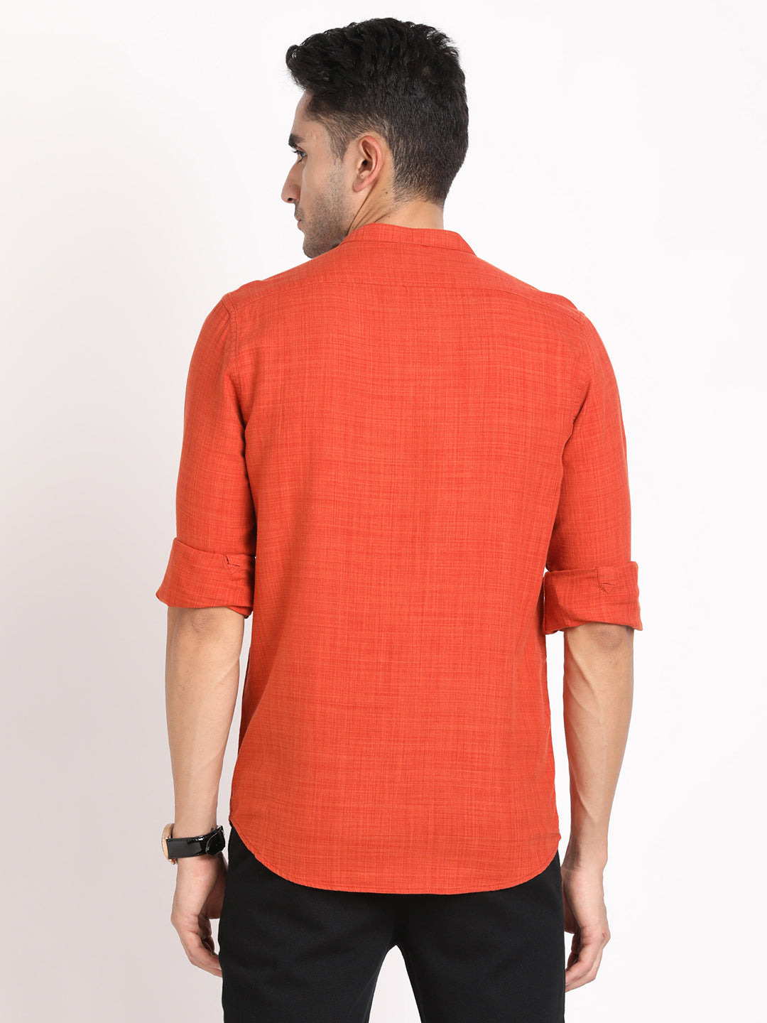 Cotton Lyocell Orange Plain Slim Fit Full Sleeve Casual Shirt