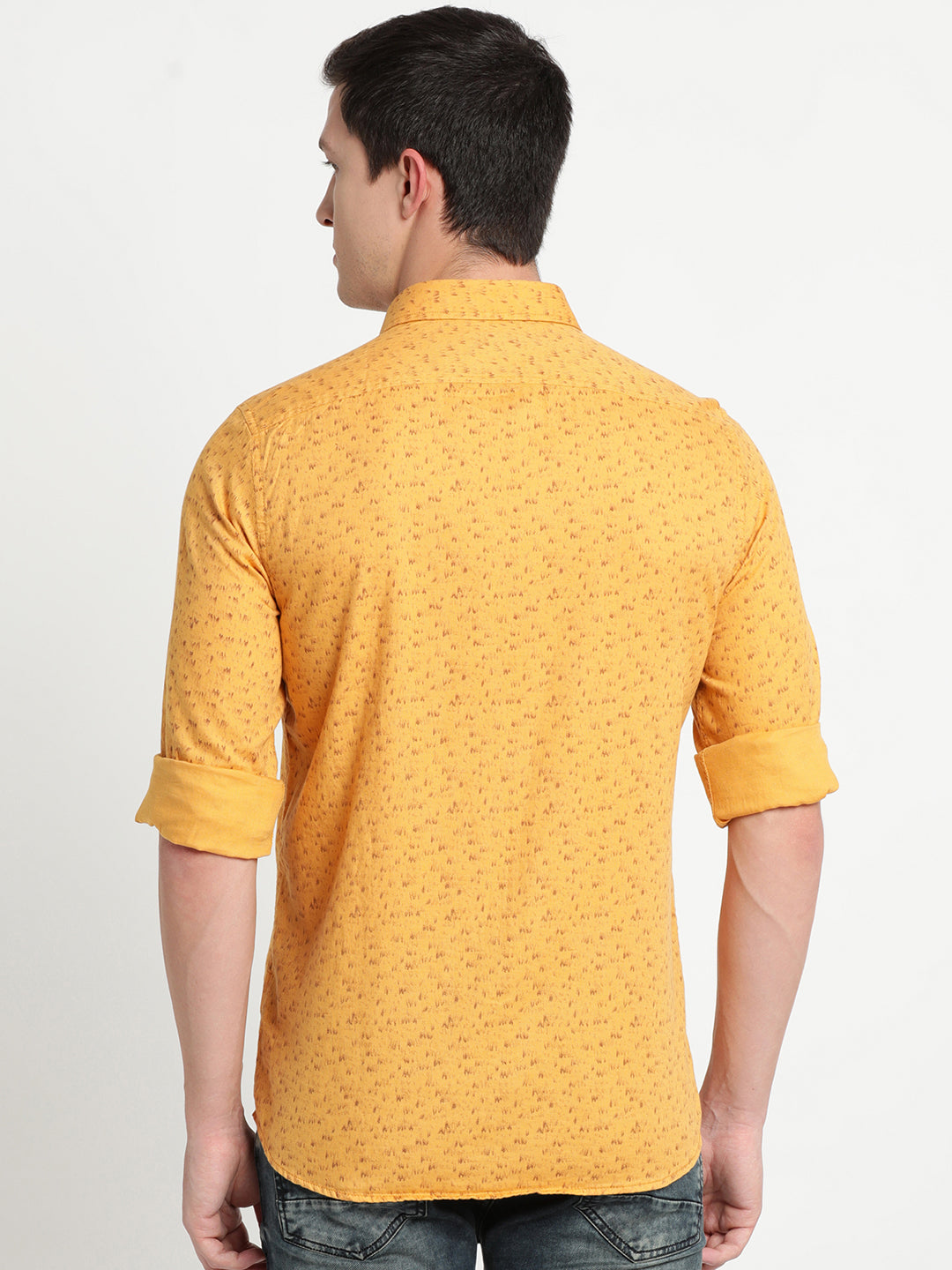 100% Cotton Mustard Printed Slim Fit Full Sleeve Casual Shirt