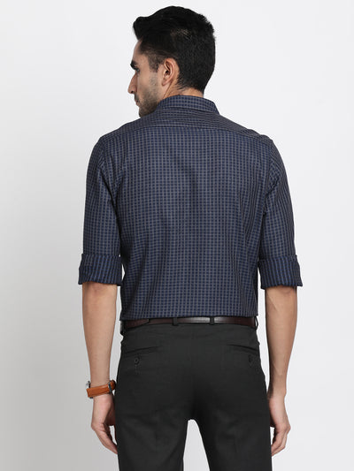 Giza Cotton Navy Blue Checkered Slim Fit Full Sleeve Formal Shirt