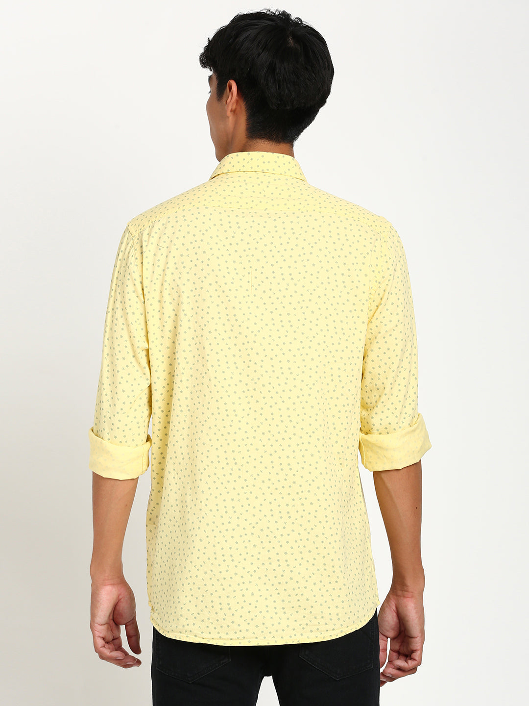 Cotton Tencel Yellow Printed Slim Fit Full Sleeve Casual Shirt