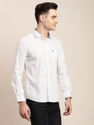 100% Cotton White Printed Slim Fit Full Sleeve Casual Shirt