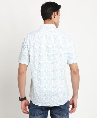 Cotton Linen White-Blue Printed Slim Fit Half Sleeve Casual Shirt