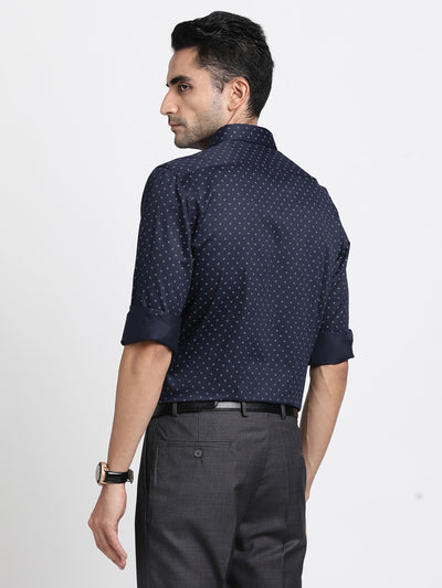 Cotton Tencel Navy Blue Printed Slim Fit Full Sleeve Formal Shirt