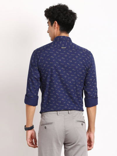 100% Cotton Navy Blue Printed Slim Fit Full Sleeve Casual Shirt