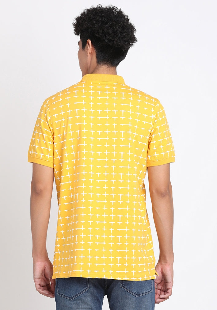 Cotton Stretch Yellow Printed Polo Neck Half Sleeve Casual T-Shirt