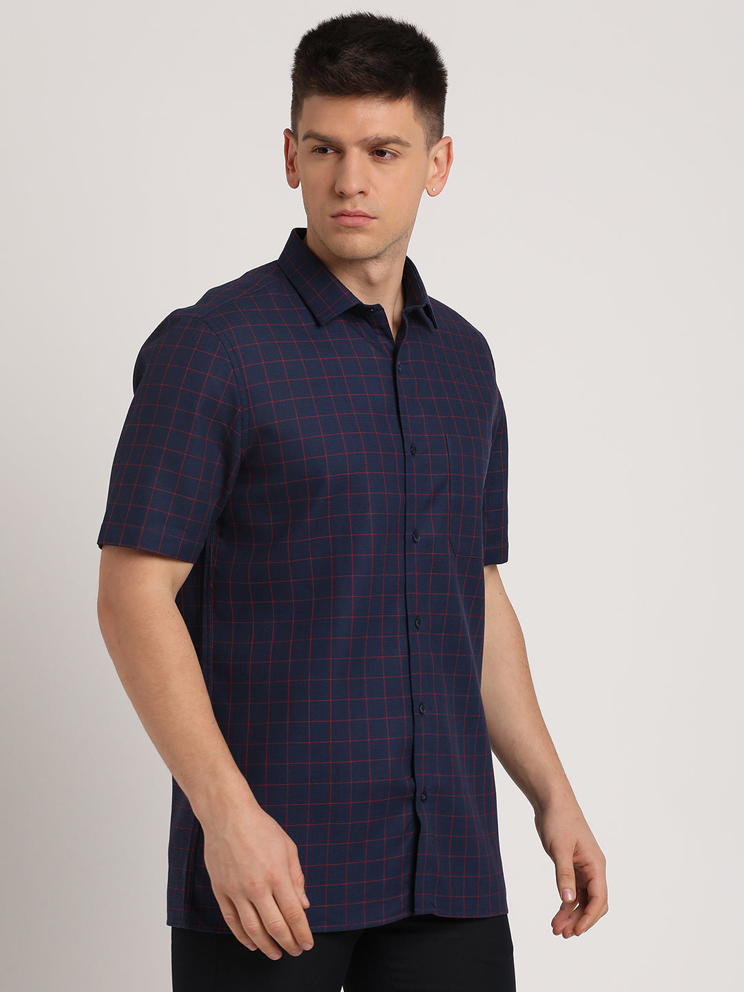 Giza Cotton Navy Blue Checkered Regular Fit Half Sleeve Formal Shirt