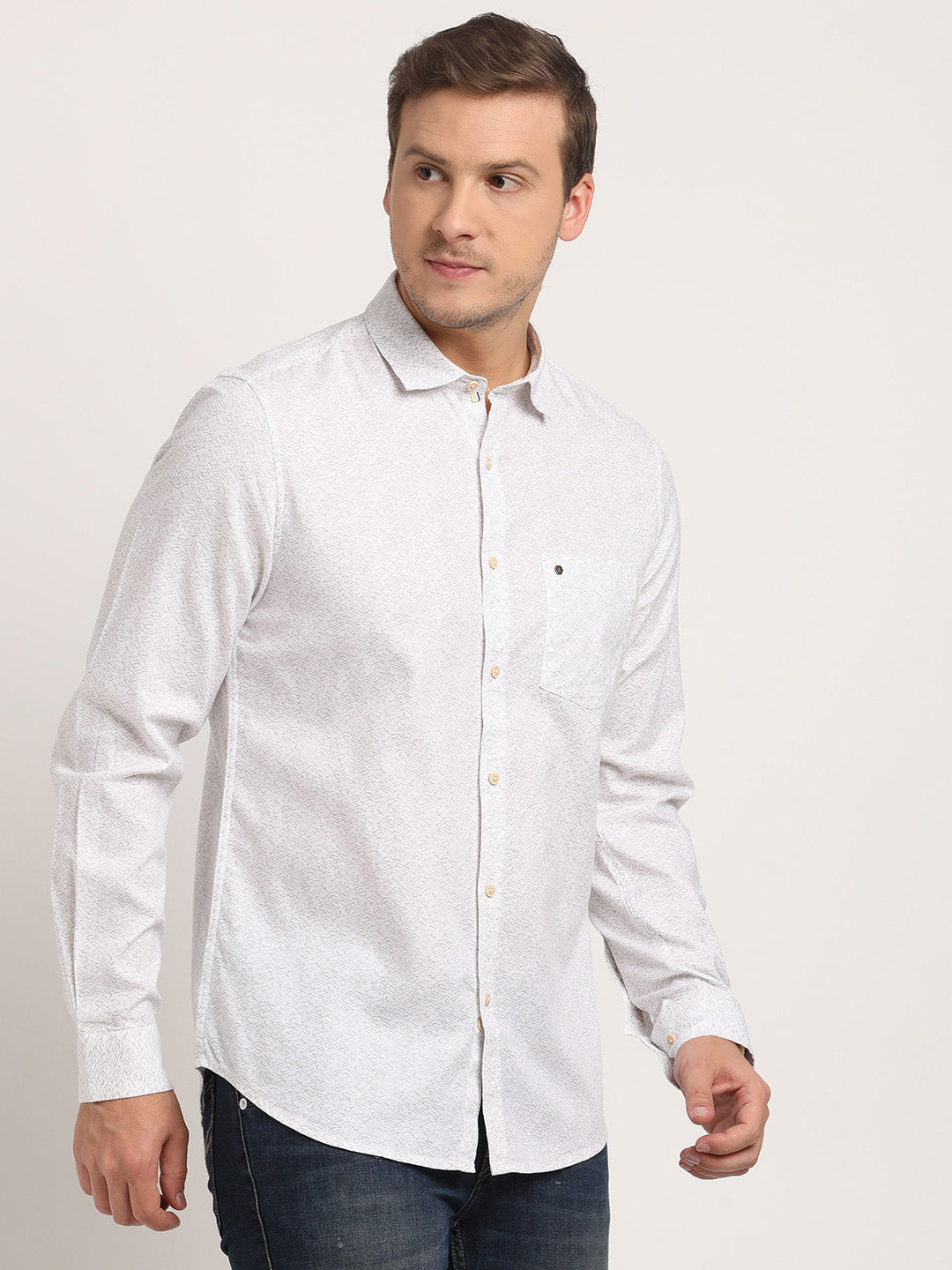 100% Cotton Off White Printed Slim Fit Full Sleeve Casual Shirt