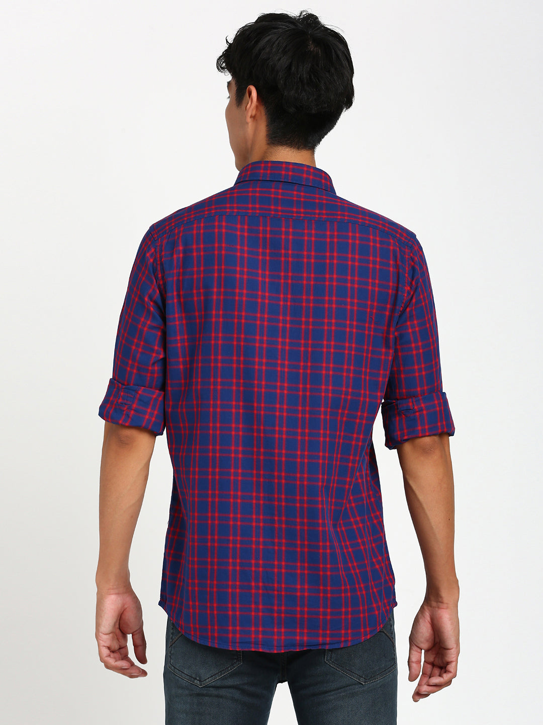 100% Cotton Navy Blue Checkered Slim Fit Full Sleeve Casual Shirt