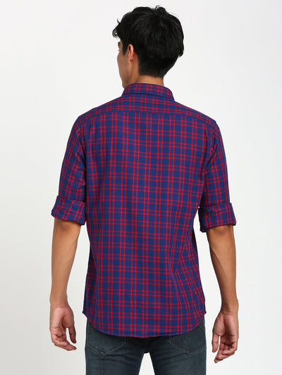 100% Cotton Navy Blue Checkered Slim Fit Full Sleeve Casual Shirt