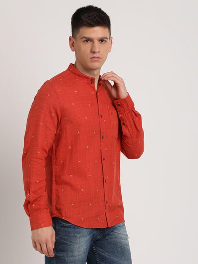 Cotton Lyocell Orange Printed Slim Fit Mandarin Collar Casual Shirt