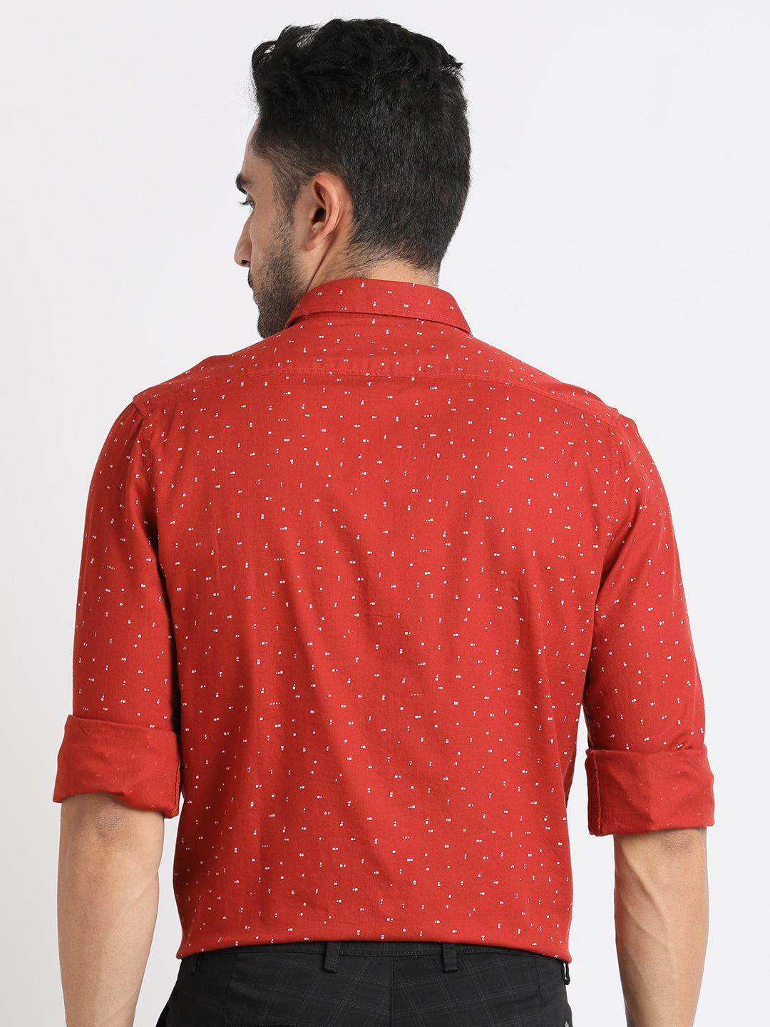 Cotton Stretch Red Printed Slim Fit Full Sleeve Casual Shirt