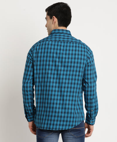 100% Cotton Teal Blue Checkered Slim Fit Full Sleeve Casual Shirt