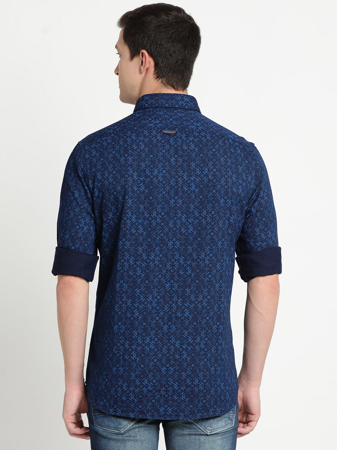 100% Cotton Indigo Navy Blue Printed Slim Fit Full Sleeve Casual Shirt