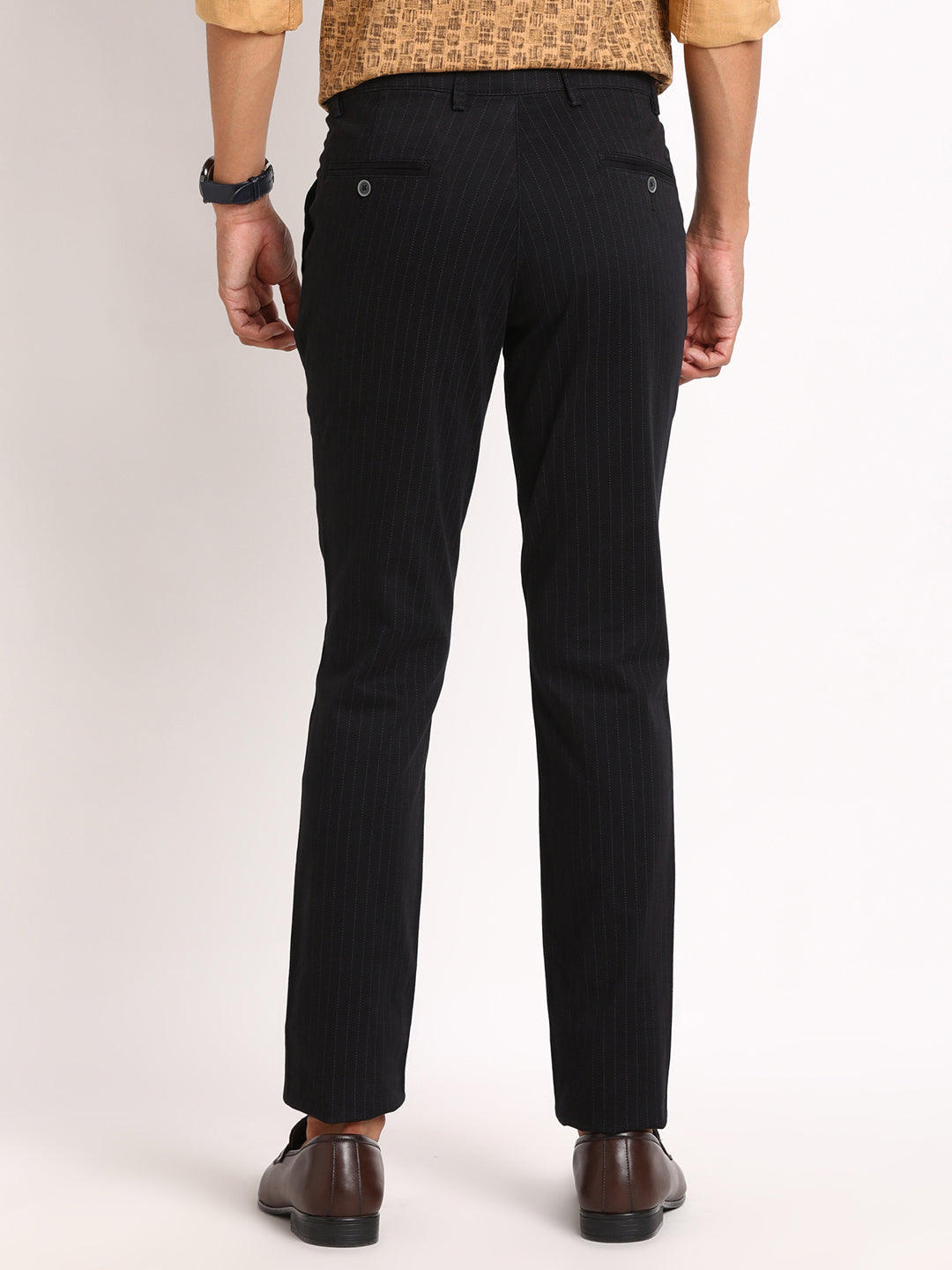 Cotton Stretch Black Printed Narrow Fit Flat Front Casual Trouser