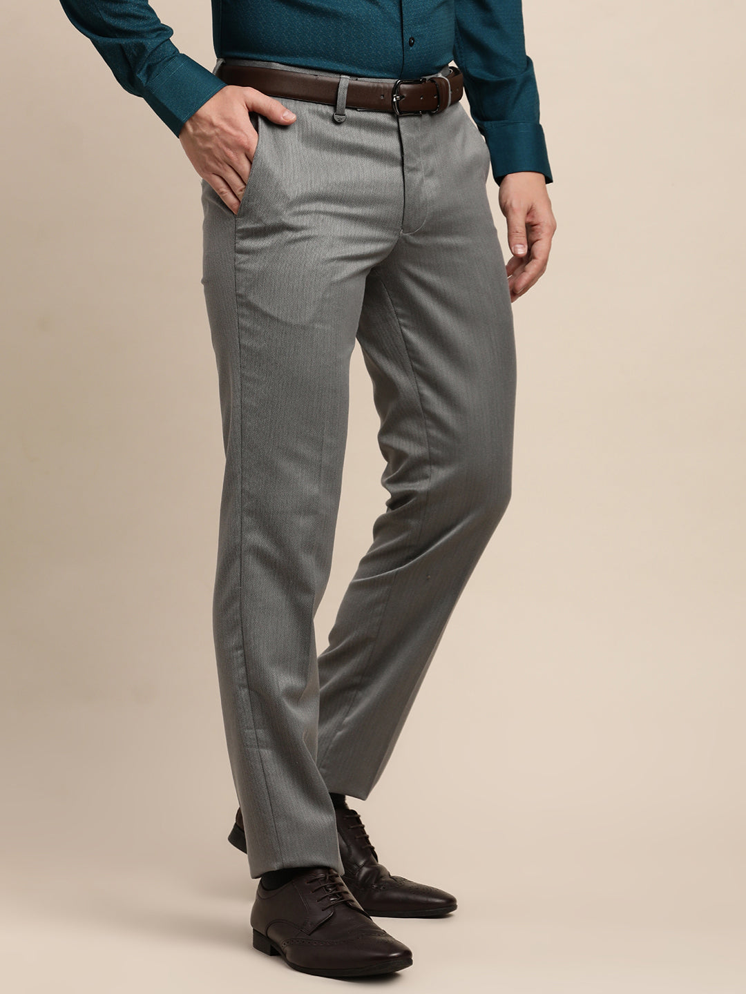 Poly Viscose Stretch Grey Dobby Slim Fit Flat Front Formal Trouser