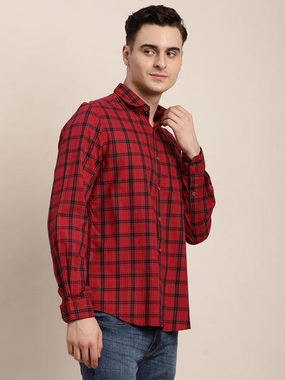 100% Cotton Red Checkered Slim Fit Full Sleeve Casual Shirt