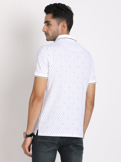 Cotton Stretch White Printed Polo Neck Half Sleeve Casual T-Shirt