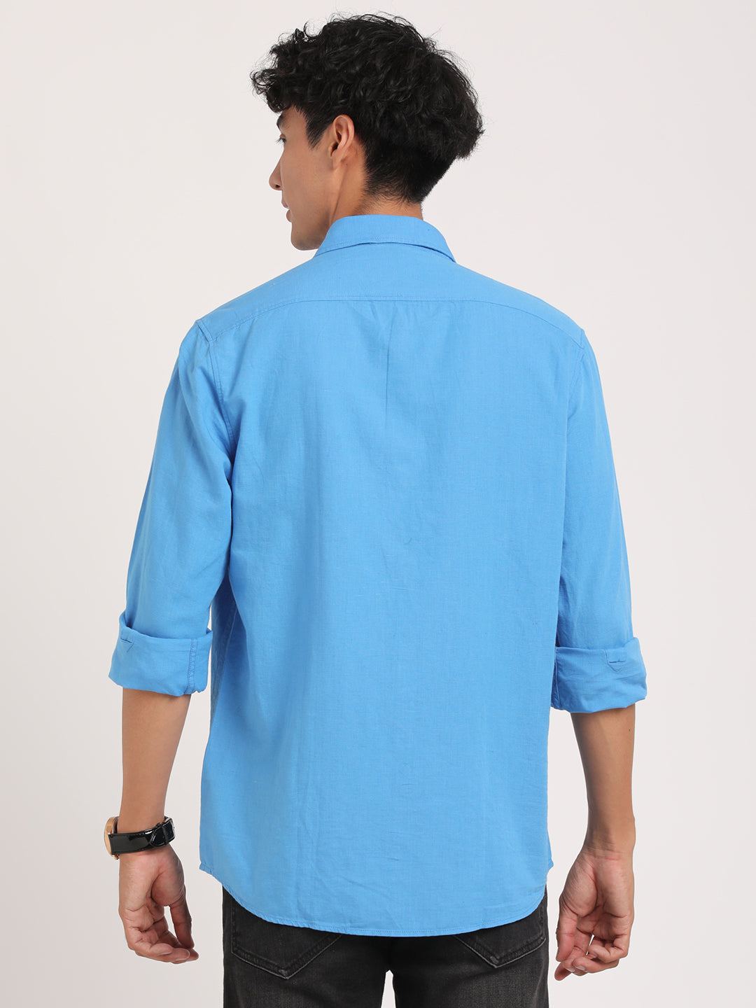 Cotton Linen Blue Plain Slim Fit Full Sleeve Casual Shirt