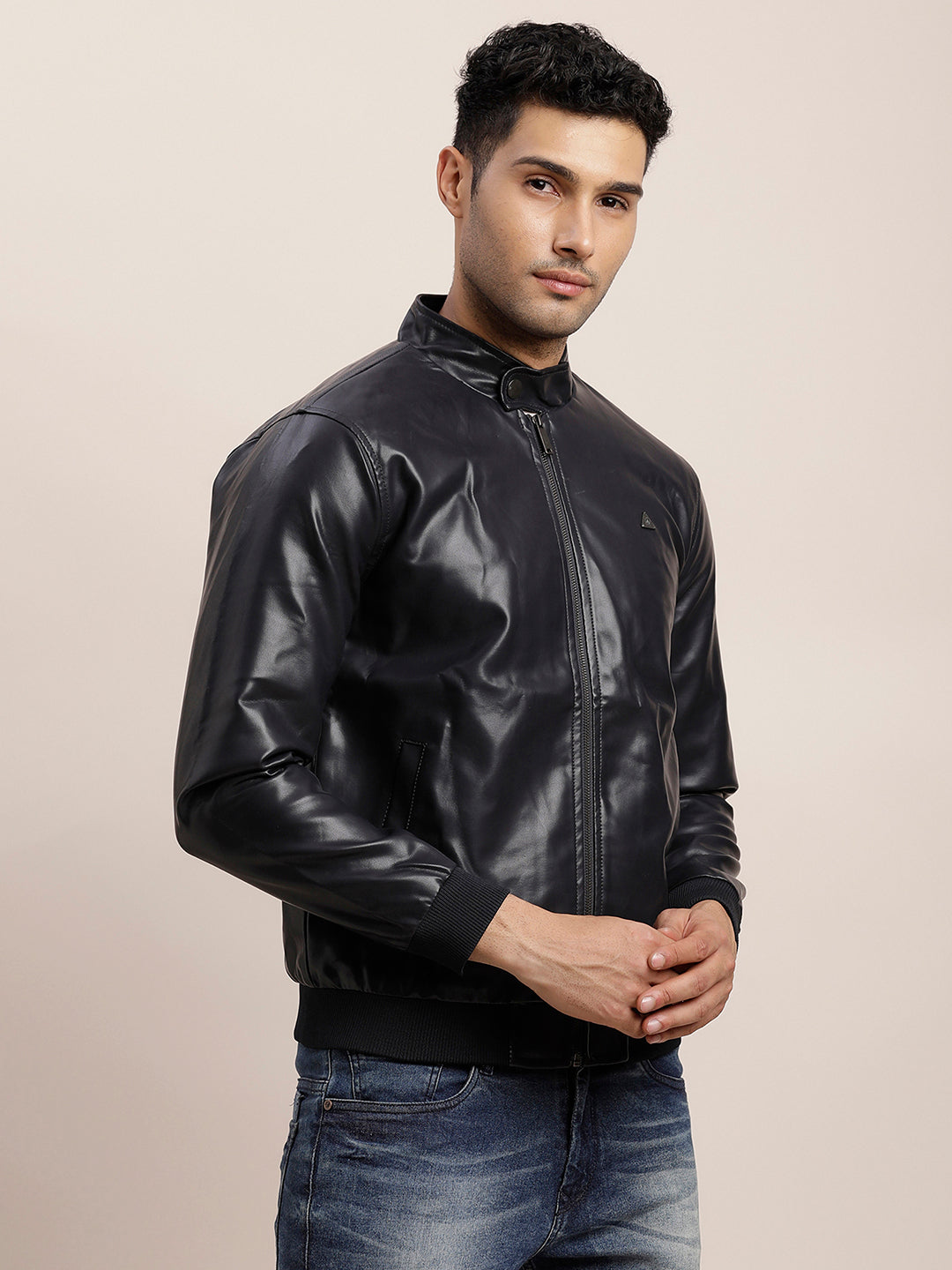 Polyurethane Solid Navy Zipper Windcheater Jacket