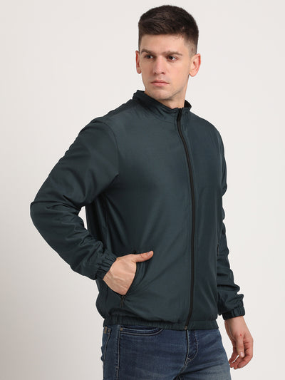 Polyester Solid Dark Green Zipper Windcheater Jacket