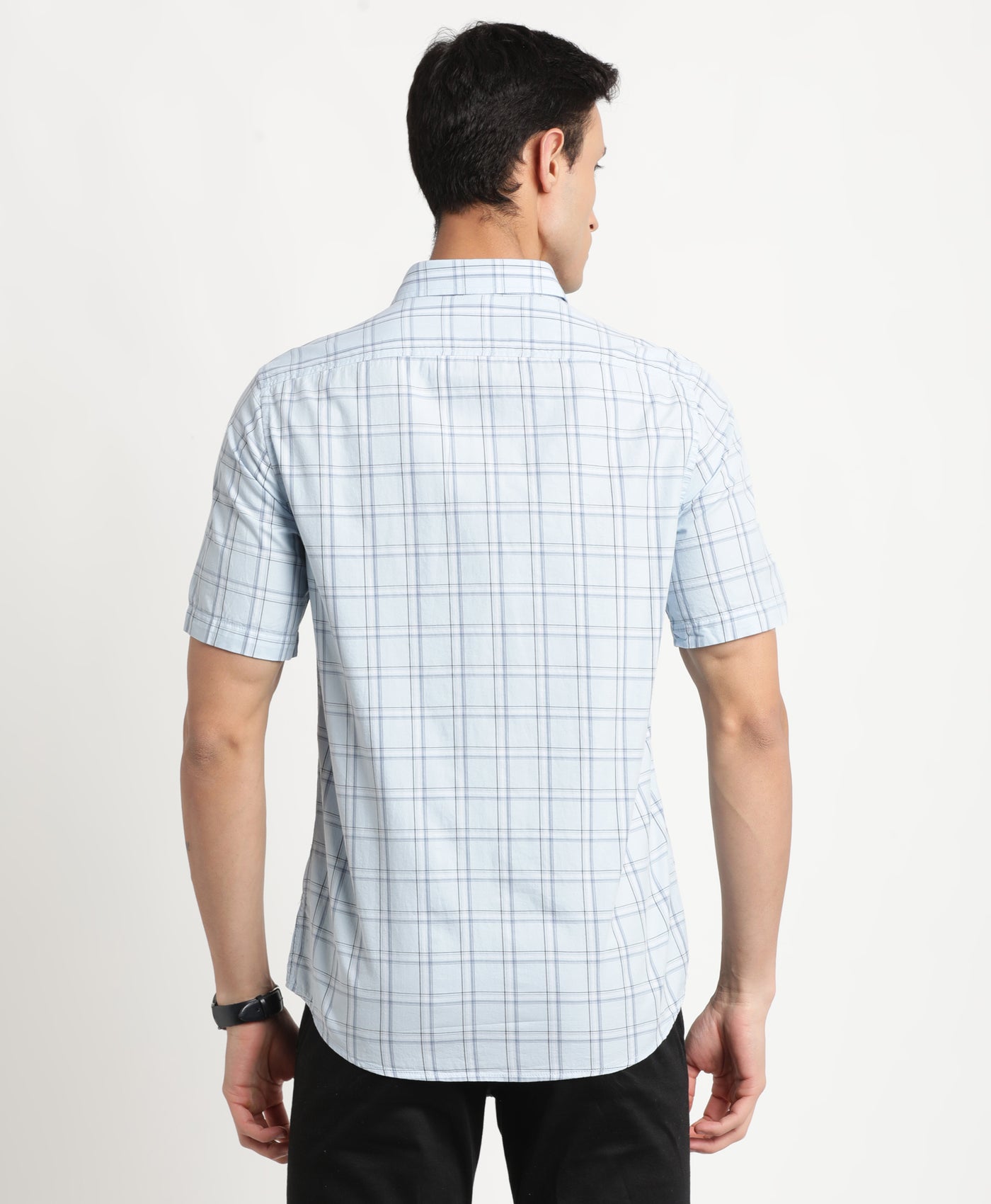 100% Cotton Sky Blue Checkered Slim Fit Half Sleeve Casual Shirt
