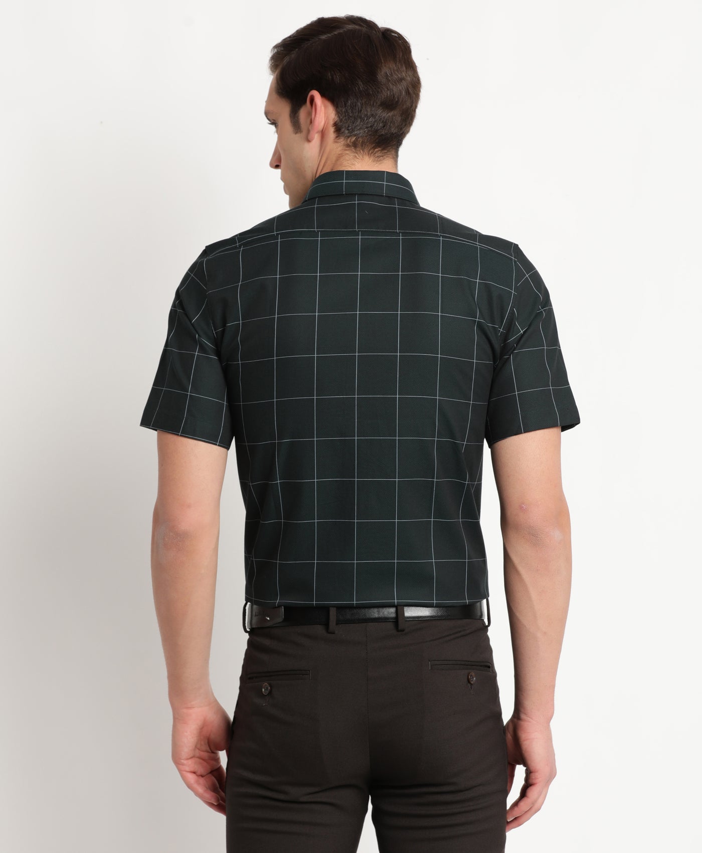 100% Cotton Dark Green Checkered Regular Fit Half Sleeve Formal Shirt