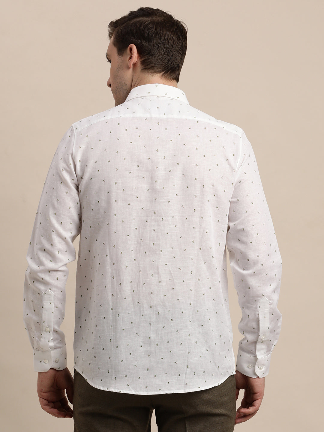 Cotton Linen White Printed Slim Fit Full Sleeve Formal Shirt