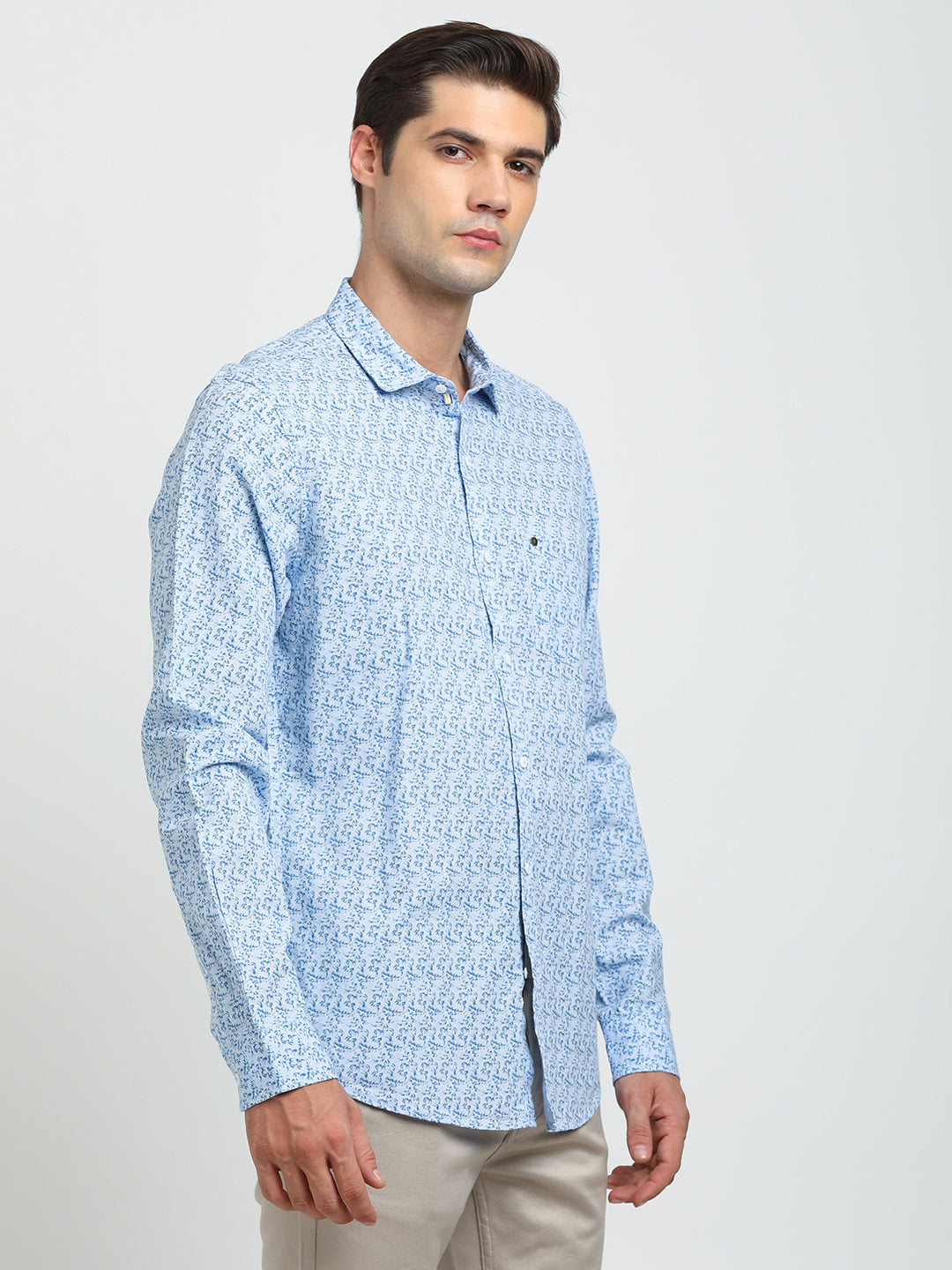 Cotton Linen Sky Blue Printed Slim Fit Full Sleeve Casual Shirt