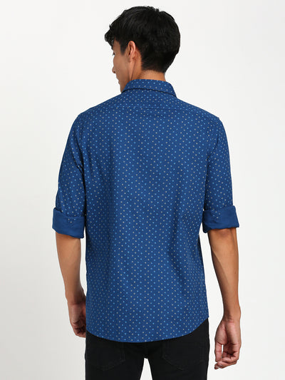 100% Cotton Blue Printed Slim Fit Full Sleeve Casual Shirt