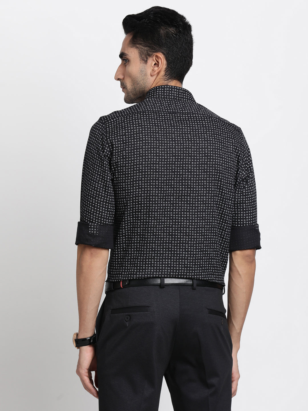 Cotton Tencel Black Printed Slim Fit Full Sleeve Formal Shirt
