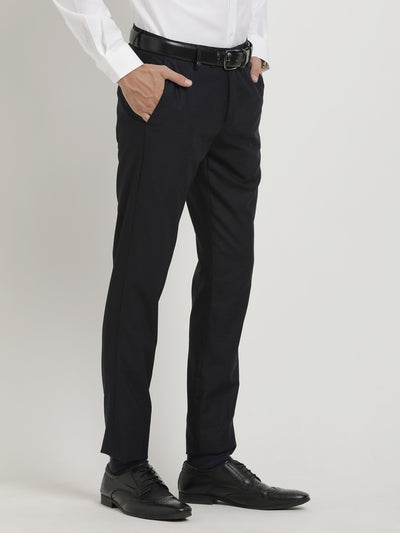 Navy Blue Checkered Ultra Slim Fit Flat Front Formal Trouser