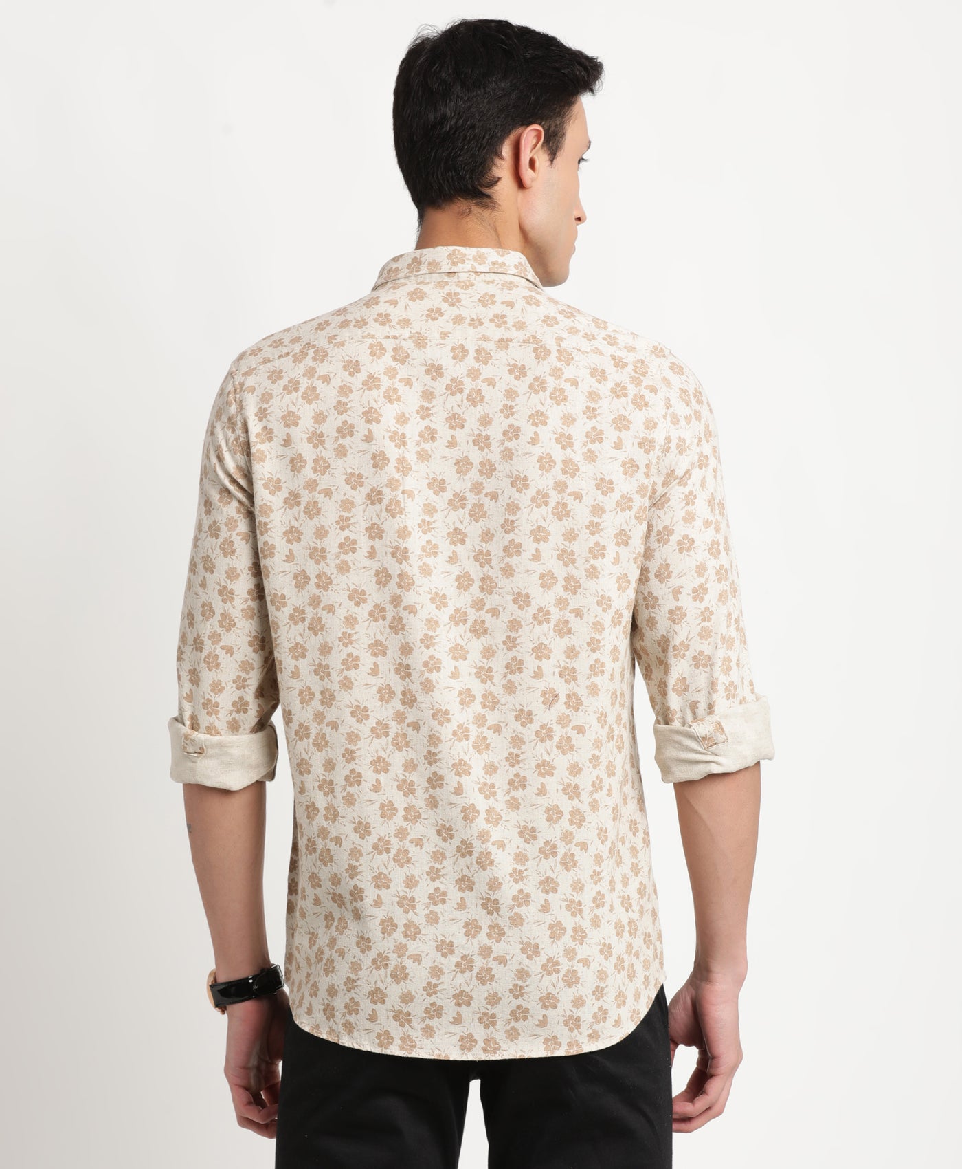 Excel Linen Khaki Printed Slim Fit Full Sleeve Casual Shirt
