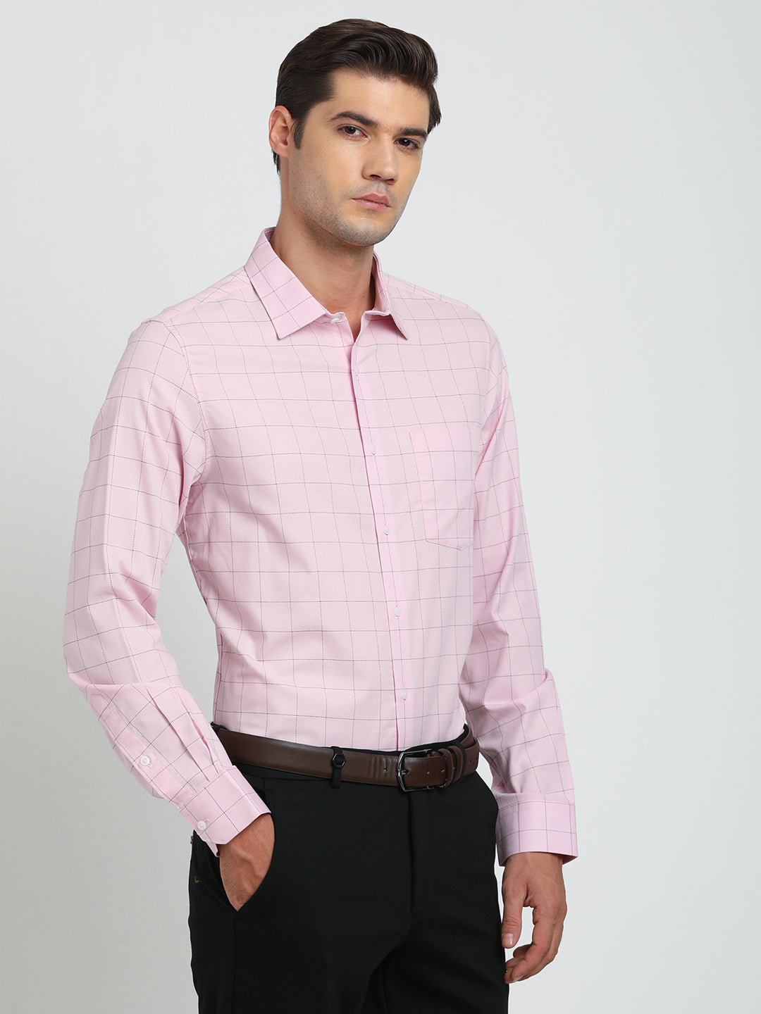 100% Cotton Pink Checkered Slim Fit Full Sleeve Formal Shirt