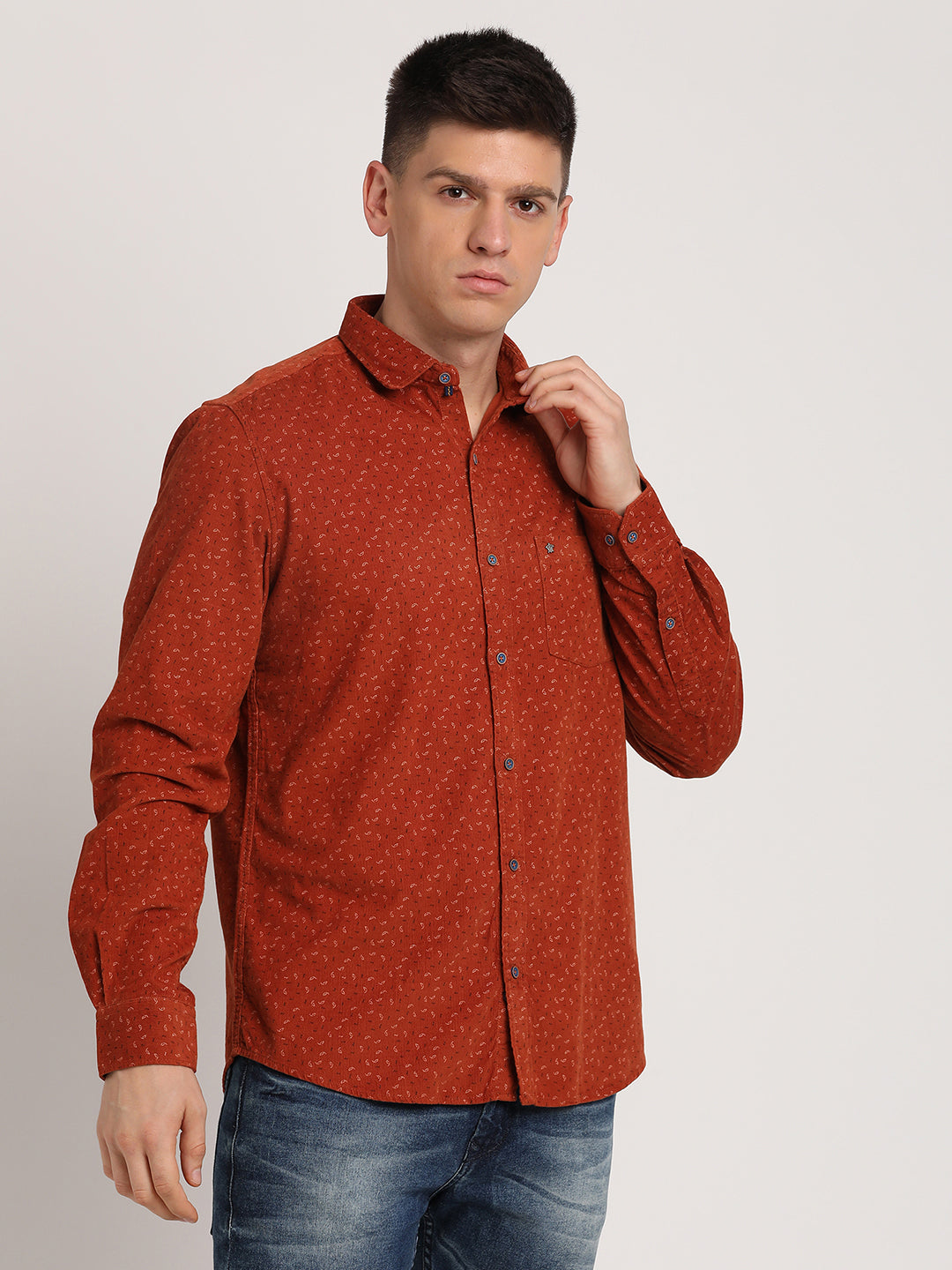 100% Cotton Rust Printed Slim Fit Full Sleeve Casual Shirt